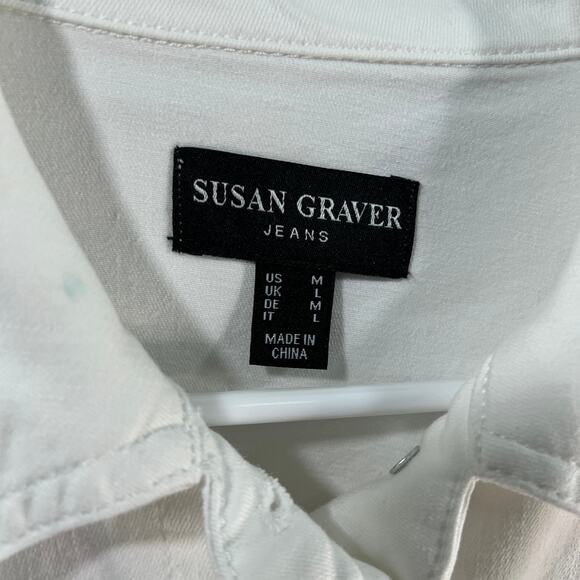 Susan Graver Stretch Denim Size M White Button-Front Frayed Jean Jacket - Picture 4 of 9